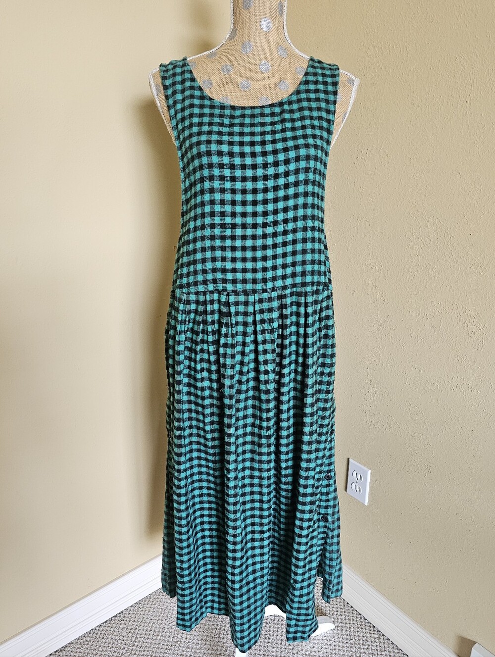 100% Cotton Flannel Pinafore Jumper Dress Green Black Check Plaid Medium Vintage